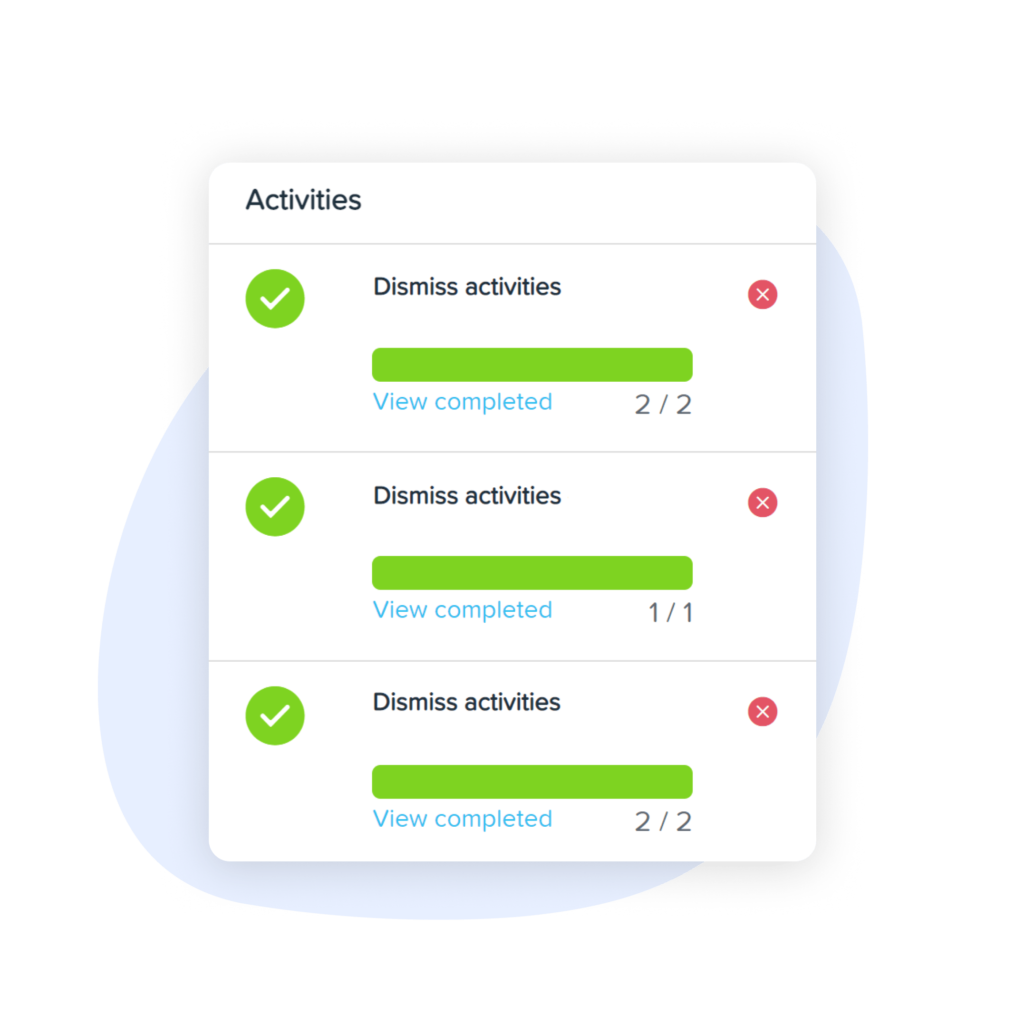 A screenshot of an activities dashboard showing completed tasks with green checkmarks and options to view or dismiss activities.