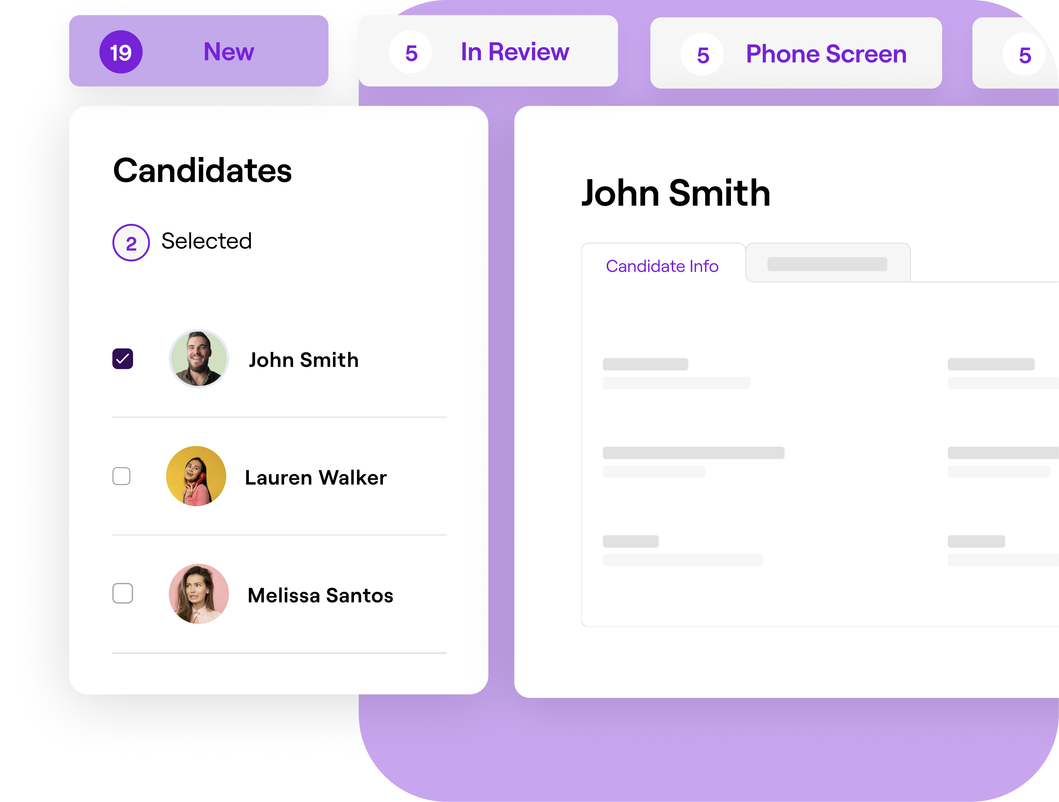 A list of new candidates with one selected, displaying that candidate's details.